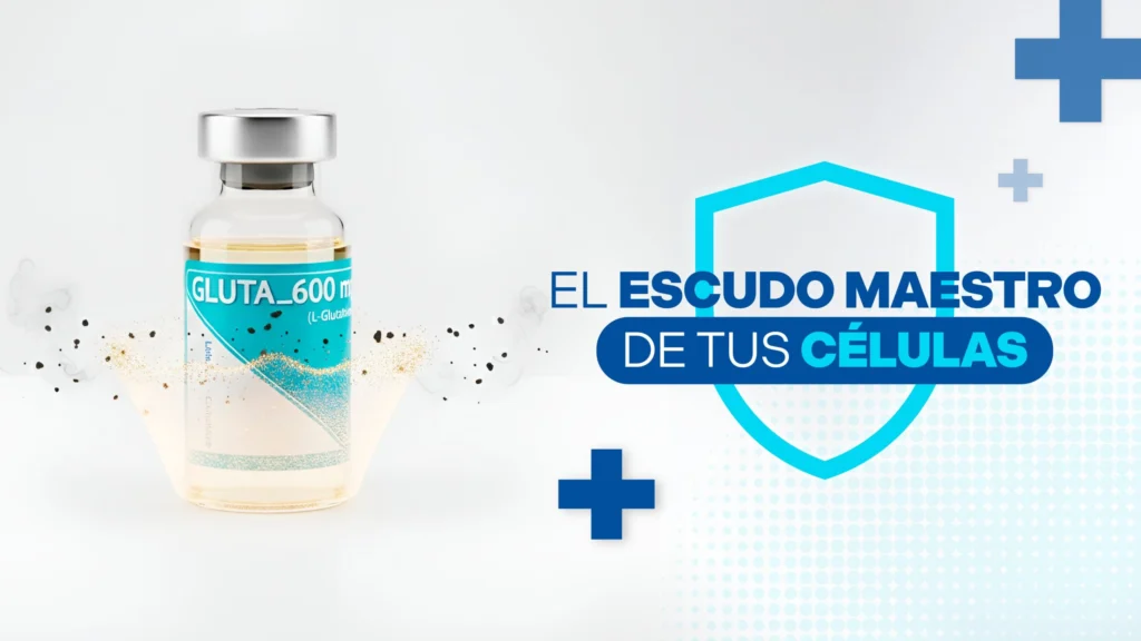 Ilustración 3D del glutatión actuando como un escudo protector dorado alrededor de una célula.