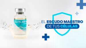 Ilustración 3D del glutatión actuando como un escudo protector dorado alrededor de una célula.