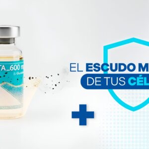 Ilustración 3D del glutatión actuando como un escudo protector dorado alrededor de una célula.