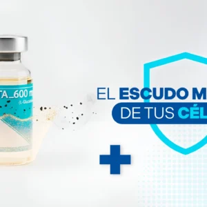 Ilustración 3D del glutatión actuando como un escudo protector dorado alrededor de una célula.