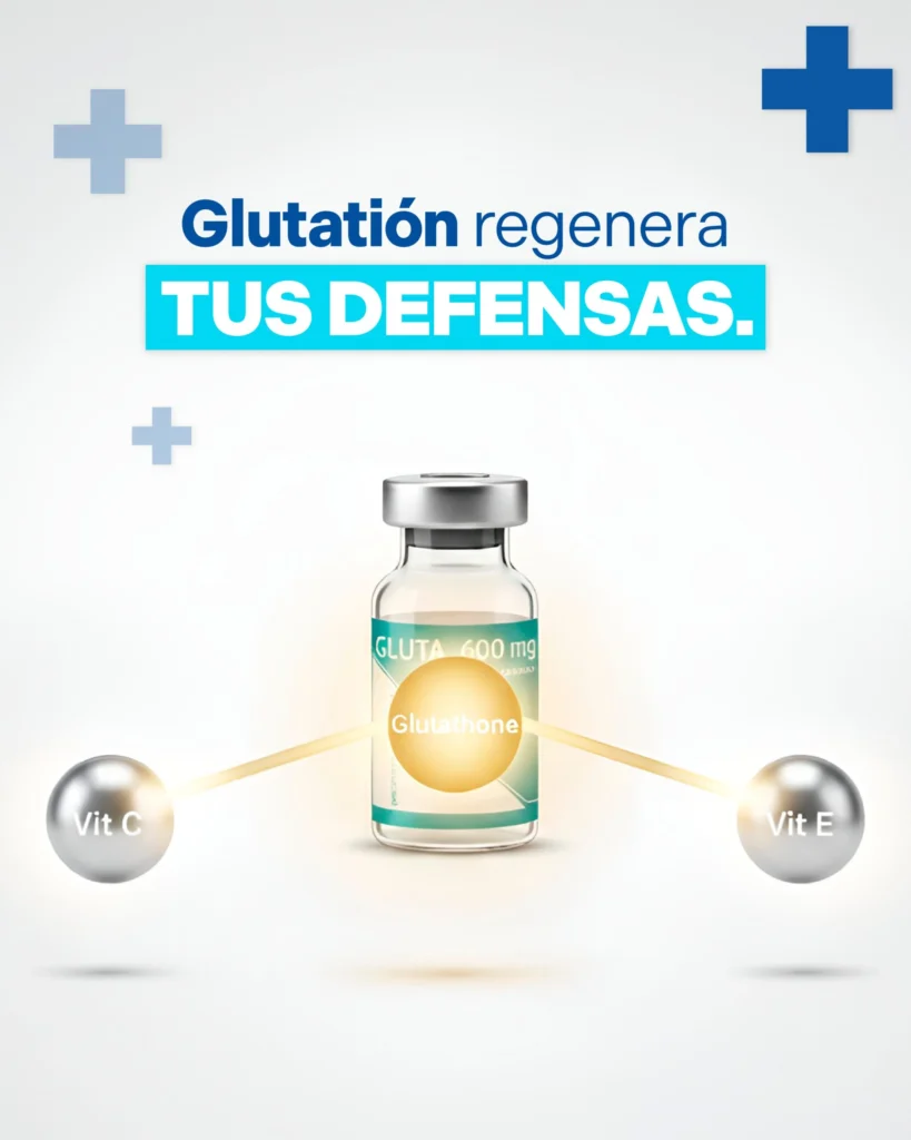 Diagrama de sinergia donde el glutatión regenera las vitaminas C y E para potenciar el efecto antioxidante.