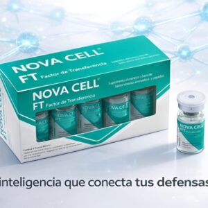Ilustración 3D de una red celular conectada por pulsos de luz azul y el producto Nova Cell.