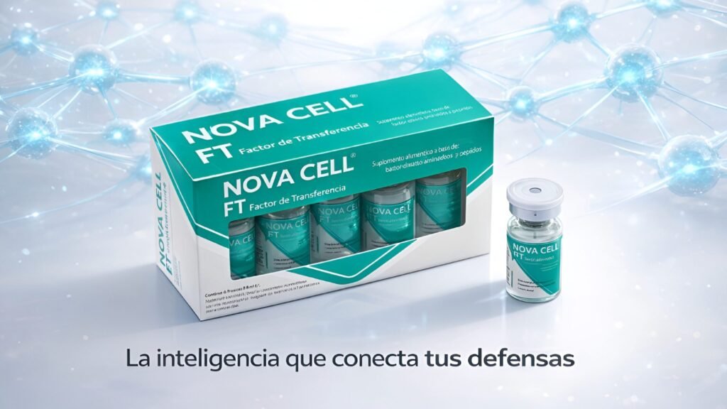 Ilustración 3D de una red celular conectada por pulsos de luz azul y el producto Nova Cell.