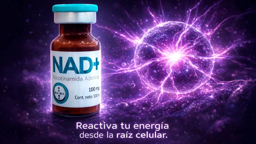 Ilustración 3D de una célula activándose con filamentos de luz púrpura, representando la energía del NAD+