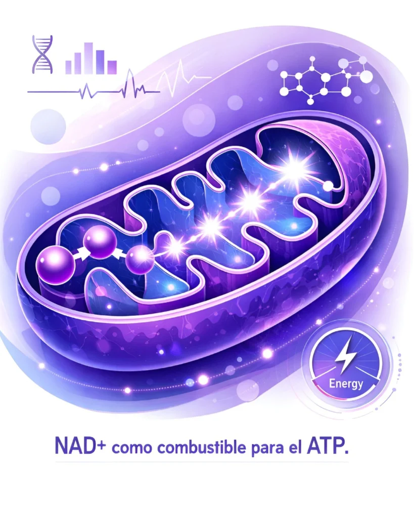 Infografía de una mitocondria utilizando NAD+ para producir energía celular ATP.