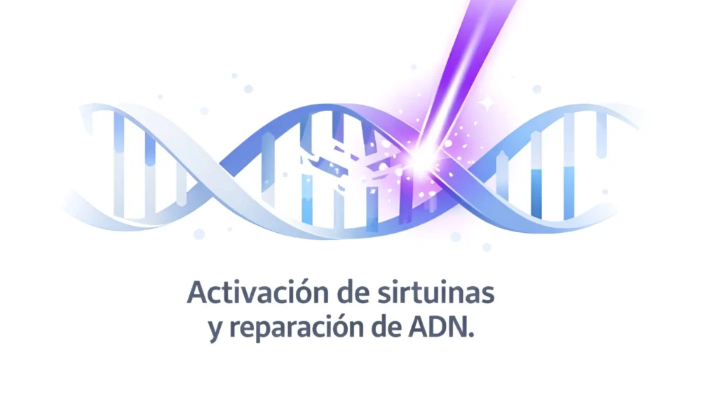 Cadena de ADN iluminada por luz púrpura representando la reparación celular mediante NAD+ y sirtuinas.