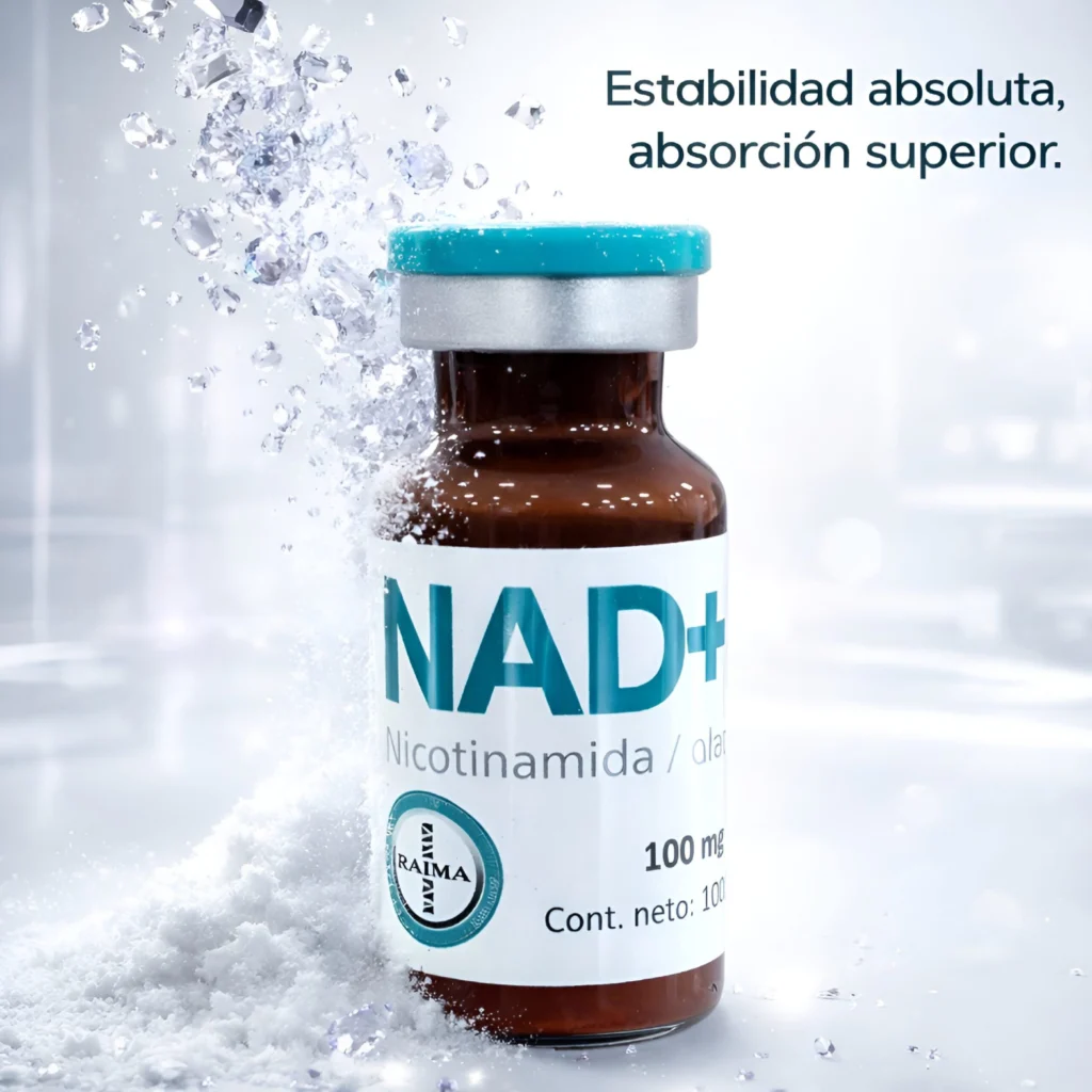 Representación de la estructura pura y estable del NAD+ liofilizado para una mejor absorción.