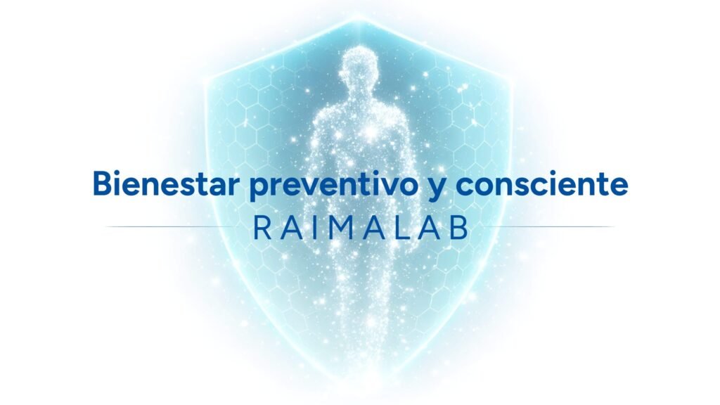 Silueta humana protegida por un escudo de luz azul, representando el bienestar preventivo de RAIMALAB.