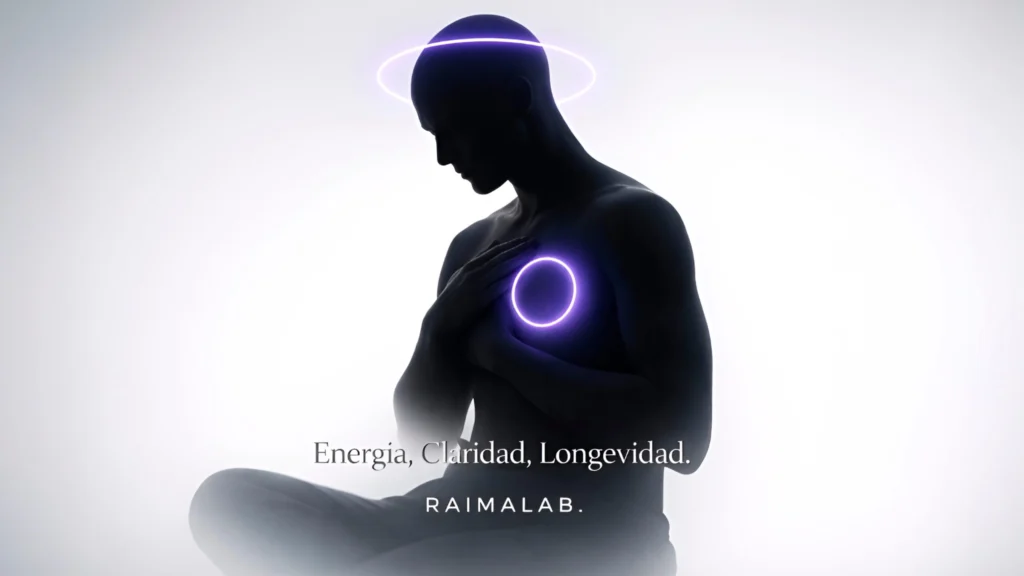 Silueta humana con halos de energía púrpura simbolizando la claridad mental y vitalidad del NAD+ de RAIMALAB.